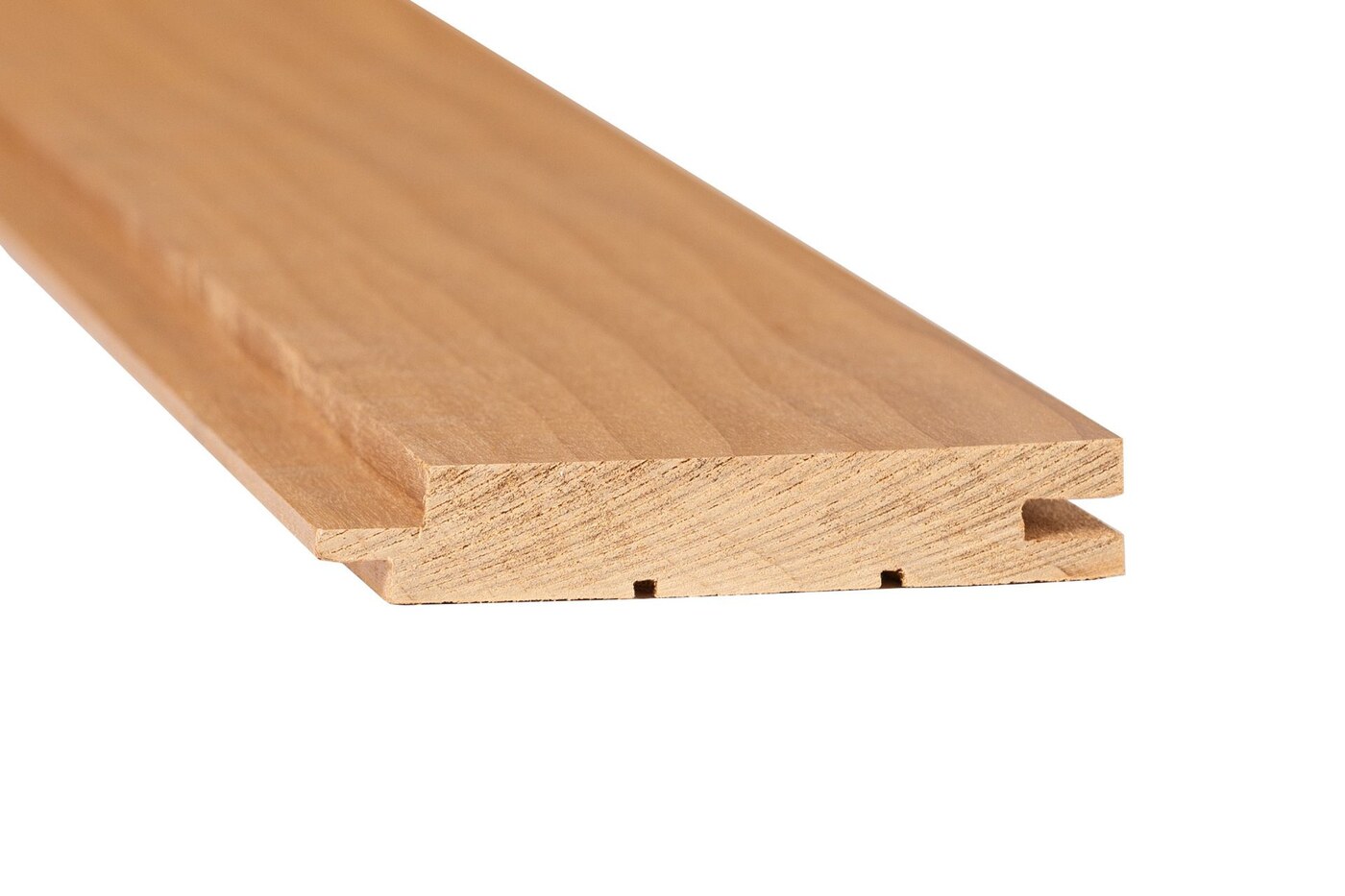 Close-up of warm honey-toned thermally treated Aspen wood grain with a tongue-and-groove profile