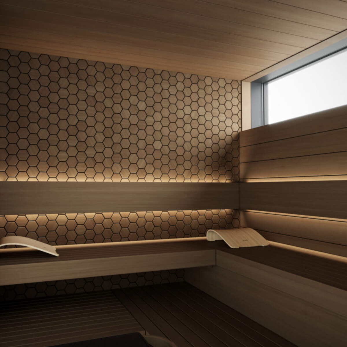 Sauna with light hexagon wall paneling and a curved backrest bench